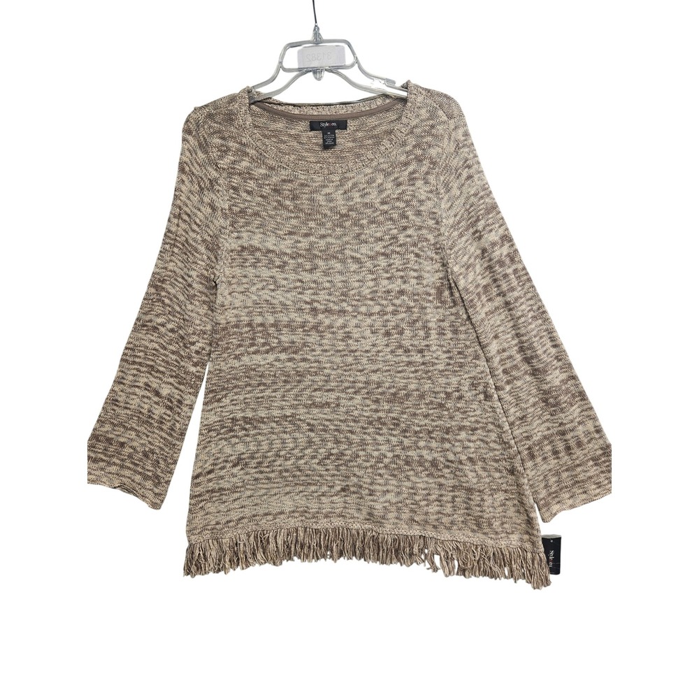 Style & Co Womens Marled Fringe Hem Sweater Brown Tan Crew Neck Size M